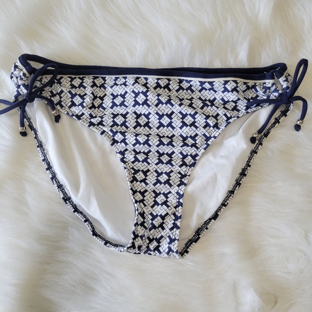 Tommy Hilfiger Swim TH Logo Geo Navy & White Side Tie Bikini Bottom 12 NWT